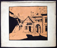 Olvashatatlan jelzéssel: Utcarészlet (Óbuda?). Fametszet, papír, papírra kasírozva, 3. pr. nyomat, 23,5x27,5 cm