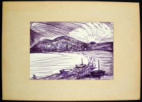 Olvashatatlan jelzéssel: Balatoni napfelkelte. Filctoll, papír, paszpartuban, 20,5x29,5 cm