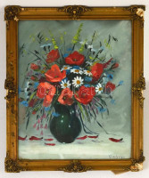 Olvashatatlan jelzéssel: Virágcsendélet. Olaj, vászon-karton, üvegezett keretben, 50×40 cm