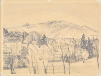 Olvashatatlan jelzéssel (W Knayl?): Gundelfingen (Baden-Württemberg, Németország). Ceruza, papír, paszpartuban, 23×30,5 cm / Signed, unreadable (W Knayl?): Gundelfingen (Baden-Württemberg, Germany).  Pencil, paper in passepartout, 23×30,5 cm
