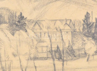 Olvashatatlan jelzéssel (W Knayl?): Gundelfingen (Baden-Württemberg, Németország). Ceruza, papír, paszpartuban, 23×30,5 cm / Signed, unreadable (W Knayl?): Gundelfingen (Baden-Württemberg, Germany).  Pencil, paper in passepartout, 23×30,5 cm