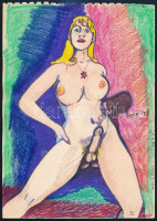 Jelzés nélkül: 3 db pornográf grafika. Filc, pasztell, vegyes technika 16x24 cm