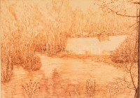 Olvashatatlan jelzéssel: Tó part. Tus, papír, üvegezett keretben, 23×32 cm