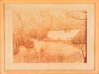 Olvashatatlan jelzéssel: Tó part. Tus, papír, üvegezett keretben, 23×32 cm