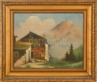 Olvashatatlan jelzéssel: Ház a hegytetőn. Olaj, falemez, hibás keretben, 31×40 cm