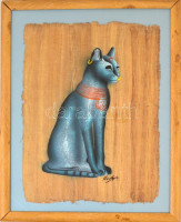Olvashatatlan jelzéssel: Egyiptomi cica. Tempera, papirusz, üvegezett keretben, 42×33 cm