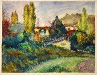 Olvashatatlan jelzéssel: Házak a fák mögött. Akvarell, papír, 28,5×38,5 cm
