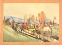 Olvashatatlan jelzéssel: Patak partján. Akvarell, papír. Üvegezett fa keretben, 22,5x31,5 cm