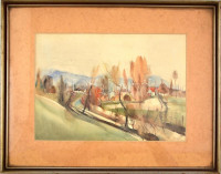 Olvashatatlan jelzéssel: Patak partján. Akvarell, papír. Üvegezett fa keretben, 22,5x31,5 cm