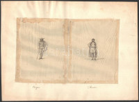 Olvashatatlan jelzéssel: Férfi nemzeti ruhaviseletek cca 1850 (4db). Tus, hártyapapír, kis gyűrődésekkel, egyik hajtott, 13×10 cm (4×)