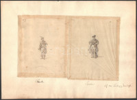 Olvashatatlan jelzéssel: Férfi nemzeti ruhaviseletek cca 1850 (4db). Tus, hártyapapír, kis gyűrődésekkel, egyik hajtott, 13×10 cm (4×)