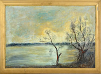Olvashatatlan jelzéssel: Vízparti táj, olaj, farost, fa keretben. 36,5x53 cm