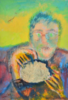 Olvashatatlan jelzéssel: Férfi portré mitológiai jelenettel. Vegyes technika, karton, 35x25 cm