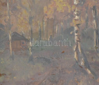 Olvashatatlan jelzéssel: Erdei házikó. Olaj, karton, üvegezett fa keretben, 25,5×18,5 cm