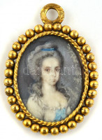 XIX. sz: Miniatúra. Akvarell, elefántcsont, Jelzés nélkül. Réz keretben. 3,8x3 cm