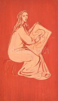 Jelzés nélkül: Rajzoló hölgy. Akvarell, papír, 40×23 cm