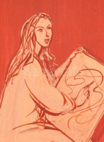 Jelzés nélkül: Rajzoló hölgy. Akvarell, papír, 40×23 cm