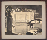 Jelzés nélkül: Auto csárda. Akvarell, papír, fa kereteben, 38,5x48,5 cm
