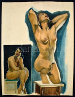 Jelzés nélkül: Akt stúdium. Ceruza, akvarell, papír, sérült (szakadásokkal, enyhén foltos), 50×37 cm