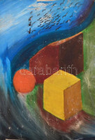 Jelzés nélkül: Absztrakt kompozíció, olaj, farost, sérült (karcolásokkal). 50x35 cm