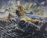 Jelzés nélkül. Vitorlások viharban. Olaj, vászon, enyhén sérült, 18x21,5 cm