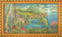 Jelzés nélkül: Tóparti falucska. Olaj, falemez, keretben, 50×90 cm