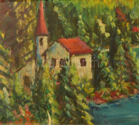 Jelzés nélkül: Tóparti falucska. Olaj, falemez, keretben, 50×90 cm