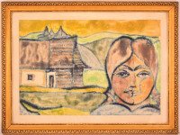 Jelzés nélkül: Székely női arc és ház. Monotípia, papír, üvegezett keretben, 41×61 cm