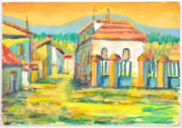 Szecsödy jelzéssel: Falusi templom. Tempera, karton 15x21 cm
