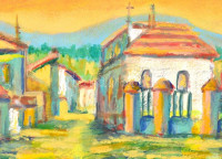 Szecsödy jelzéssel: Falusi templom. Tempera, karton 15x21 cm