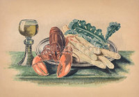 Jelzés nélkül: Csendélet rákkal, spárgával. Akvarell, karton. 28x50 cm.