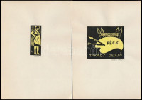 Takács Dezső (1933-): Ex librisek (2db). Linó, papír, jelzett 8x7 cm