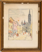 Vadász Endre (1901-1944): Koronázó templom, Budapest (Mátyás-templom, Budai Várnegyed, I. ker.). Ofszet, papír, jelzett a nyomaton (halványan), kézzel színezett. Foltos, üvegezett, sérült fa keretben. Négy oldalas újévi köszöntő