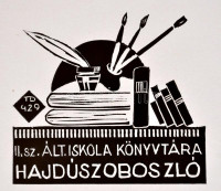 Takács Dezső (1933-): Hajduszoboszló város iskoláinak ex librisei (7db-os mappa.). Linó, papír, jelzett. A művész dedikálásával . kb 12x10 cm