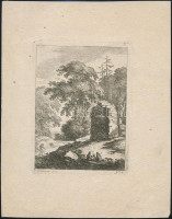 cca 1800 Johann Daniel Heimlich (1740-1796): Pihenők a romnál. Rézmetszet, papír, 14×10,5 cm