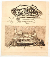 Regécz alapfalai 1904. junius 2. és Regécz keleti oldalának középkori látképe tekintettel a kataszteri helyszín és alaprajzra. Metszet, papír, hajtásnyommal, foltos. Regécz régi vár volt Abaúj vármegyében. 23x19 cm.