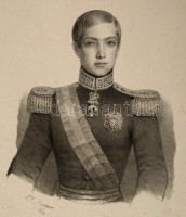 1853 V. Péter portugál király nagyméretű kőnyomatos portréja. M. Barbara jelzett litográfiája. /  Pedro V., Pedro de Alcántara Maria Fernando Miguel Rafael Gabriel Gonzaga Xavier Joao António Leopoldo Victor Francisco de Assis Júlio