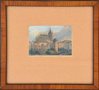 Henry Winkles (1801-1860): Kézzel színezett rézmetszetű vár és katedrális kép. 11x8 cm Üvegezett keretben.