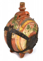 Festett kerámia kulacs, bőr szíjakkal, kopottas állapotban, m: 24,5 cm