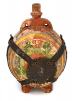 Festett kerámia kulacs, bőr szíjakkal, kopottas állapotban, m: 24,5 cm
