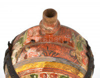 Festett kerámia kulacs, bőr szíjakkal, kopottas állapotban, m: 24,5 cm