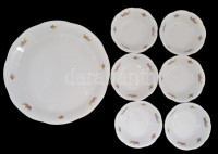 Zsolnay virágmintás porcelán készlet, 31db-os, kínáló tállal, tányérokkal, csészékkel, aljakkal, jelzett, matricás, apró kopásnyomokkal, csorbával, az egyik csésze pótolt
