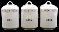 3 db porcelán régebbi konyhai fedeles tároló edény (rizs, cukor, kávé), matricás, jelzés nélkül, formaszámmal, m: 17 cm, mindegyik kopott és sérült