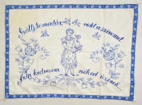 'Szállj te madár, vidd a szívemet' feliratú hímzett konyhai falvédő, 56×74 cm