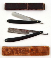 cca 1920-40 2 db borotvakés, egyik Watzke Nándor, késműves mester, Bp., Nagymező u. feliratú, kopott tokban, másik 'Lilliput', german hollow ground, made in Germany feliratú, kopott tokban.