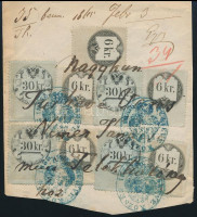 1858 5 x 6kr + 4 x 30kr kivágáson 'TURKEVE'