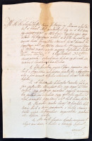 1852 Kiskunszabadszállás város hirdetménye bor után fizetendő adókról kocsmák számára. Két beírt oldal. A városi elöljárók aláírásával és a város címeres pecsétjével.