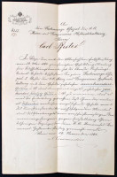1864 A budai német Karl David Pfister (1822-?), a cs. kir. Pénzverési- és Bányászati Udvari Könyvelés számvevőtisztje részére írt német nyelvű levél a cs. kir. Felső Számvevőhivataltól fizetésemelés tárgyában, felzetes