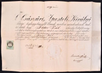 1868. október 27. Pest., váltó ügyvédi kinevezés Fodor Pál részére, a Magyar Királyi Váltó Feltörvényszék szárazpecsétjével, elnök és tanácsjegyző aláírásaival, magyar nyelven, 1 Ft okmánybélyeggel, hajtásnyomokkal.