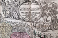 1730 Matthäus Seutter: Regiae Celsitudinis Sabaudicae Status in quo Ducatus Sabaudiae Principat Pedemontium....Augsburg, 1730. Kézzel színezett rézmetszet. 56x50 cm Kis hiánnyal, szakadással / Map of Piemont and Italian areas. Hand colored